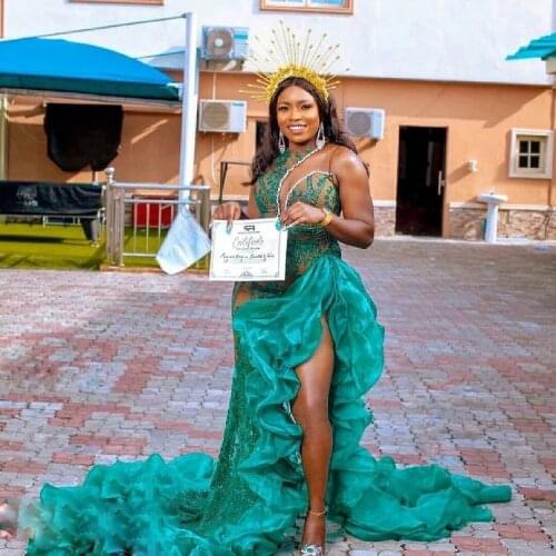 Sexy High Slit Pom Dresses One Shoulder Sheer Neck Long Sleeses Ruched Party Gowns African Plus Size Aso Ebi Evening Dress