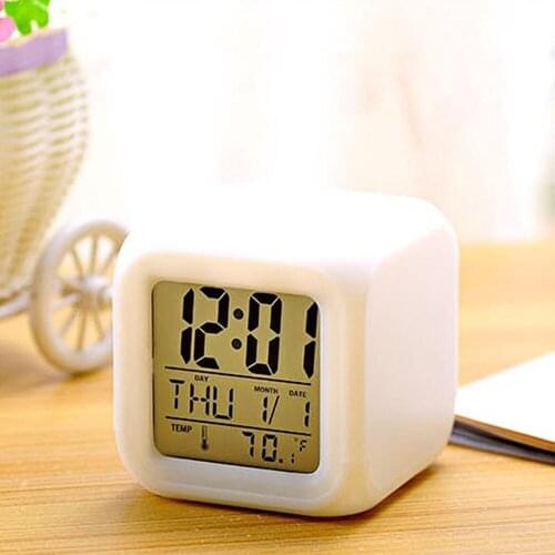7 Color LCD Display Changing Light Glowing LED Digital Alarm Clock Cube Clock Thermometer Home Table Decor Drop Shipping