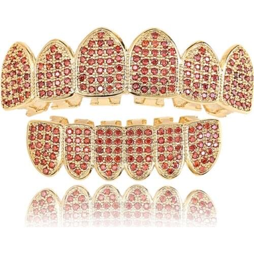 Hip Hop Jewelry Full Orange Color Cubic Zircon Fangs Teeth Grillz Top Bottom Grills Mouth Punk Teeth Caps Cosplay Party Rapper