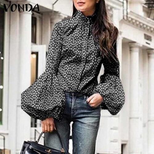 Sexy Puff Sleeve Polka Dot Print Shirts Women Tops VONDA Long Sleeved Stand Collar Button Up Blouse Blusas Femininas