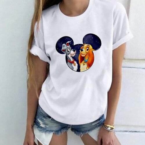 Mickey Mouse Head Lady and The Tramp Tshirt Women Short Sleeve Harajuku Sweethearts Summer Dogs T-shirt Tees Lovers Tops