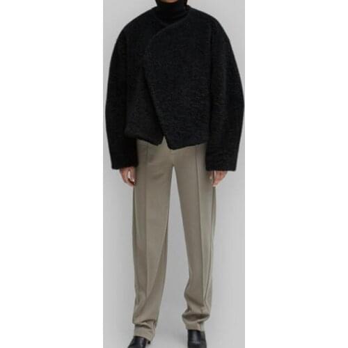 [ElfStyle] - Bellac faux fur Cropped Jacket Lapel Collar Drop shoulder Long Sleeves Fashion Woman Oversized Short jackets