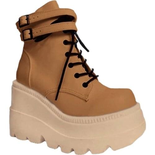 2021 New Female Punk Style High Heels Shoes for Woman Winter Fashion High Platform Boots Leather High Wedges Ankle Boots Women