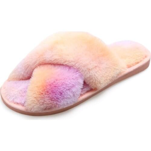 Womens Slippers For Fall Winter New Style Colorful Plush Slippers With Cross Straps Soft and Fluffy Flat-bottomed Household