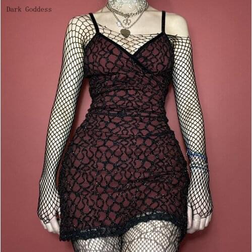 Gothic Red Lace Dress Camis Spaghetti Mini Sexy Womens Mesh Y2k Dress V-neck Club Plaid Sundress Skinny Summer Dress