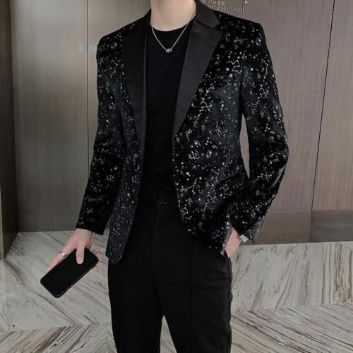2021 Stylish Luxury Black Velour Blazers Mens Velvet Party Dress Dandy Elegant Retro Fashionable Jackets For Men Club Star Shiny