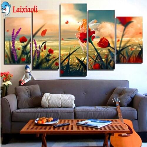 5 panel diamond mosaic Flower Fairy By the Sea embroidery with diamond full square round drill wall art diamond painting scenery