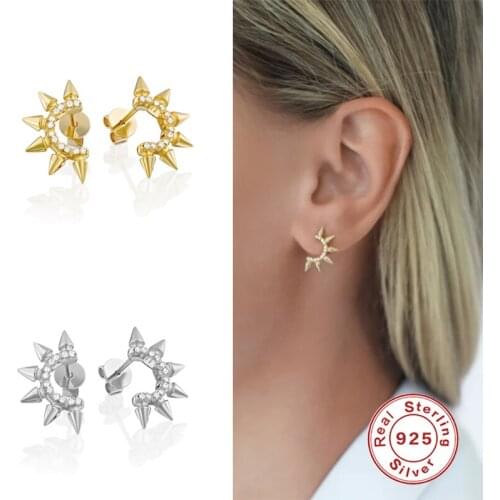 BOAKO 925 Sterling Silver Shiny Crystal Nail Shape Stud Earrings Punk Rivet Half Circle Sunflower Earrings for Women Rock Jewel