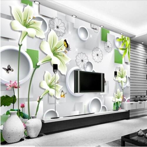 Beibehang papel de parede 3D square lily flower fresh stereo TV background wall murals custom large mural green wallpaper