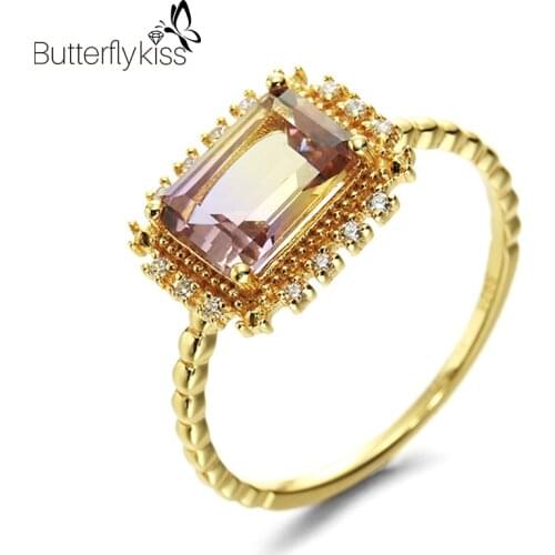 BK 9k Yellow Gold Natural Ametrine Rings For Women Vintage Rectangle Zircon Wedding Engagement Party Gifts Female Fine Jewelry