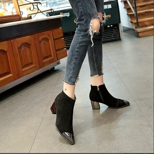 2020 Fashion Ladies High Heels Boots Warm Shoes Pointed toe Women Winter Chelsea Boots Women Ankle Boots Square Heel 6cm N046