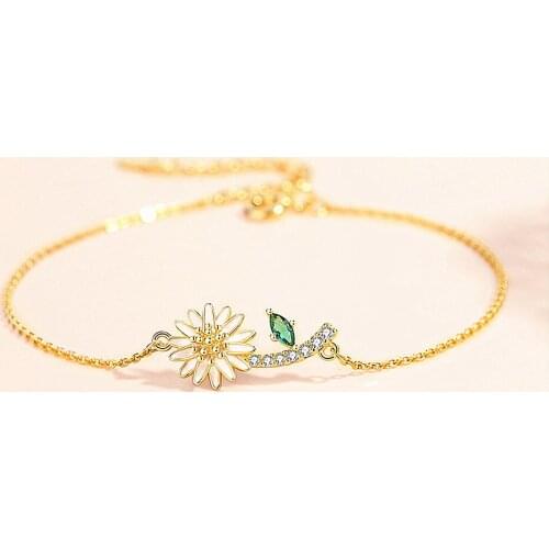 925 Sterling Silver Bracelets for Women Charms Femme Jewelry Small Daisy Green Zircon Gold-plated Bracelet For Girls Jewelry