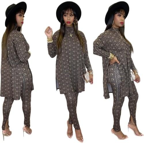 Zoctuo Pant Sets Two 2 Piece Outfits Gold Print Split Long Sleeve Turtleneck T-shirt Top Pencil Pants Set Autumn Female Clothing