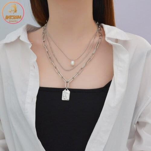 Akizoom Fashion Three Layer Pearl Thinker Pendant Necklace Stainless Steel Link Chain Vintage for Women Jewelry Party Gift