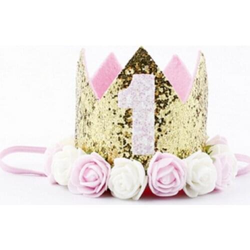 Citgeett Kids Baby 1st Birthday Hat Glitter Crown Flower Head Hair Band Party Headwear Floral Lovely One Cute
