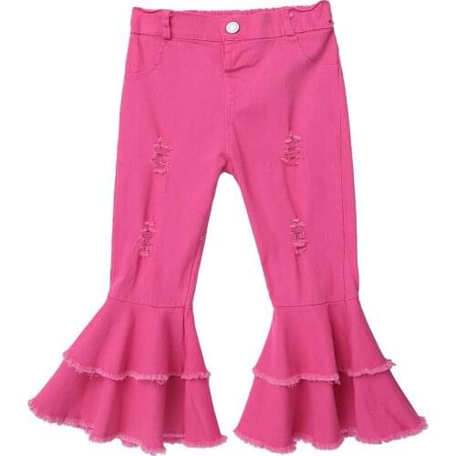 Toddler Girl Jeans Fashion Pure Color Kids Pants Ripped Jeans For Girls Flare Pants Elastic Waistband Layered Flared Trousers