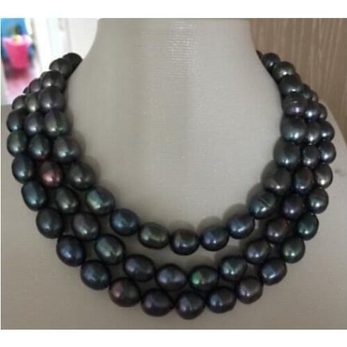 Elegant 9-10mm baroque tahitian black green red pearl necklace 50inch