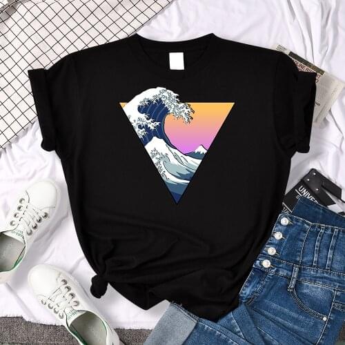 Triangular Wave Ukiyo-E Print T Shirt Womans Simple Breathable Clothed Summer Harajuku Loose Tshirts Soft Vintage Womans Tshirt
