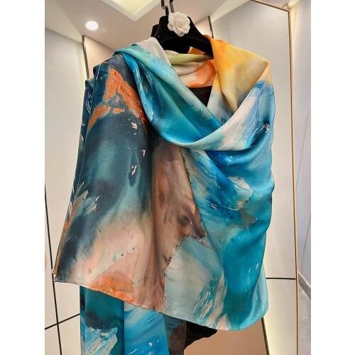 Hangzhou 100% mulberry silk scarf women spring widened enlarged autumn sea blue wind long silk scarf shawl