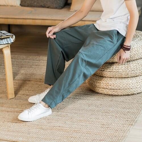Cotton Linen Men Casual New Solid Sweatpants Mens Hip Hop Casual Harem Pants Streetwear Male Trousers Plus Size Bottoms