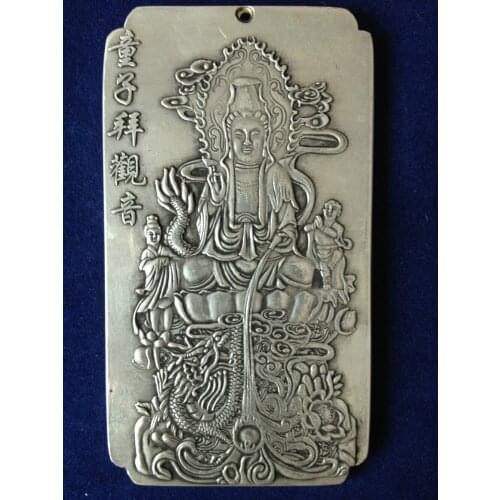 Elaborate Chinese Old "tong zi bai guan yin" tibet Silver amulet auspicious plate 135g