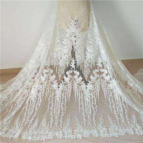 LASUI 1 yard New high-grade white Rayon embroidery mes fabric European style wedding dress fishtail fabric DIY accessories X0830