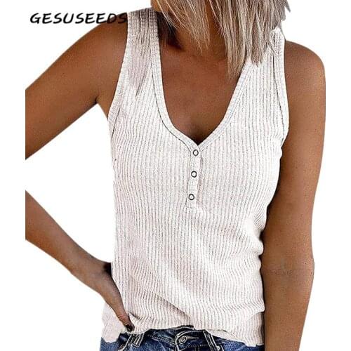 Vintage knitted tank top women summer v neck tops casual sleeveless basic crop top buttons white tank top black army green