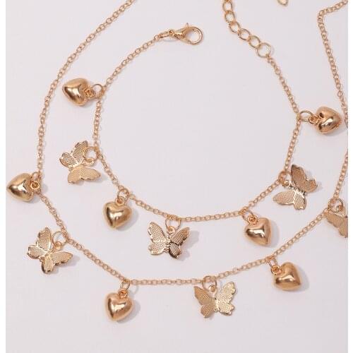 Fashion Cute/romantic Metal Luxury Gold Necklace Bracelets Womens Butterfly Alloy Heart Necklace Bracelet Jewelry for Girls