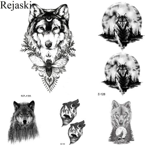 Rejaski Black Temporary Tattoo Stickers Men Fashion Body Arm Wolf Fake Tatoo Sketch Moth Water Transfer Tattoo Women Sexy Makeup