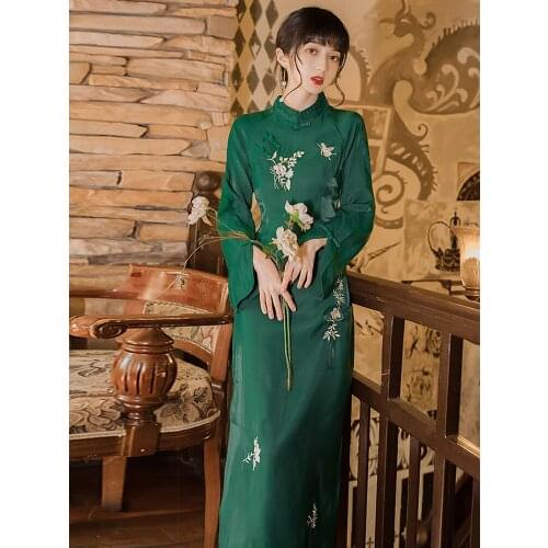 2021 Summer New Womens Retro Chinese Style Noble Temperament Thin Mid-Length Dress Literary Embroidery Daily Casual Green Dress