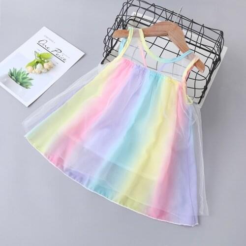 New Summer Baby Girl Dresses Cute Colorful Rainbow Patchwork Sleeveless Mesh Tutu Princess Dress Party Toddler Girl Clothes 1-5Y