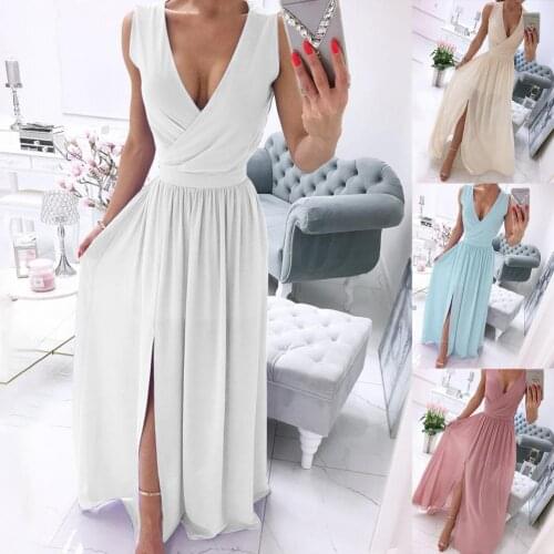 Hot Sale Women Formal Sexy Maxi Dress V Neck Solid Color V Neck Elegant Split Large Hem Long Dress for Wedding 4 Colour