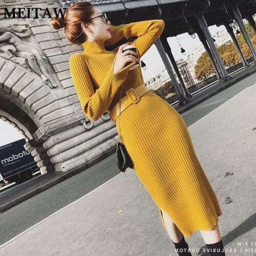 Women High Waist Dress Autumn Winter Ribbed Knitted Dress 2020 Casual Solid Long Sleeve Dress Vintage Turtleneck Party Dresses