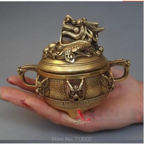 Rare Chinese Dragon Copper Incense Burner Censer Lucky Beast Head On incensory