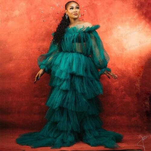 Dark Green Layered Tulle Dresses Long Sleeve Off Shoulder Formal Dress Custom Made Pagoda Style Fashion Party Gowns Summer Robes