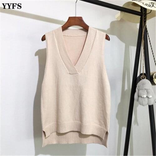 V-Neck Knitted Vest Womens Sweater Autumn And Winter New Korean Loose Wild Sweater Vest Sleeveless Sweater Jersey Mujer Tops
