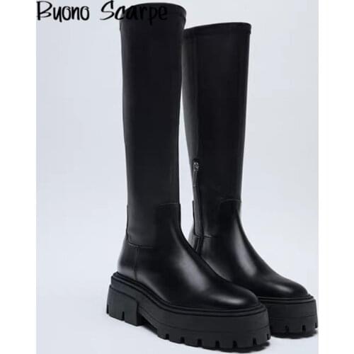 Black Leather Women Long Boots Grooving Sole Knee High Fashion Boots Chunky Heel Thick Platform Shoes Women Boots Zipper Botas