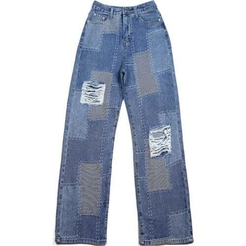 Zoki Ripped Women Jeans Loose Straight Patchwork High Waist Hole Fashon Streetwear Y2K Female Denim Pants Blue Pocket Jean 2021