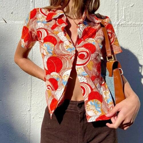 Women’s Personality Printing Cardigan Fashion Streetwear Short Sleeve Lapel Single-breasted Shirt Summer Tops