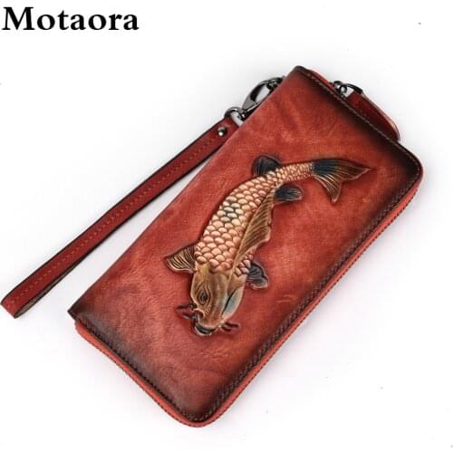 Motaora Womens Wallet Retro Genuine Leather Wallet For Female New Wristband Zipper Cell Phone Bag Golden Fish Engraved Clutches