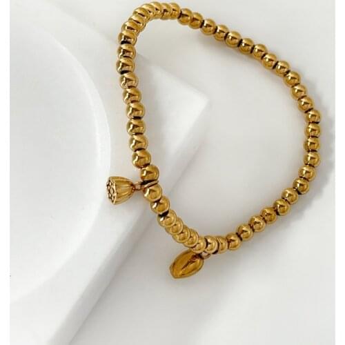 Minar Luxury Gold Color Stainless Steel Beads Chain Bracelet for Women Vintage Lotus Seeds Charm Beaded Chains Bracelets Jewelry