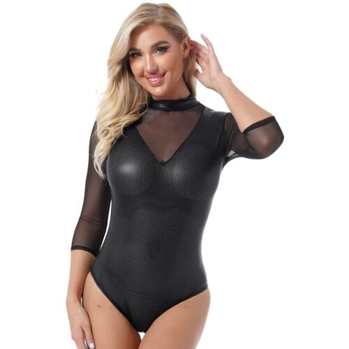 Women Hollow Out Faux Leather Bodysuit Slim Fit Catsuit Teddies See-through Mesh Patchwork Leotard Jumpsuit Lingerie Costumes