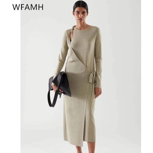 2021 spring and summer new femininity wrapped over the knee fashion slim loose waist side tie knitted dress Polyester O-Neck