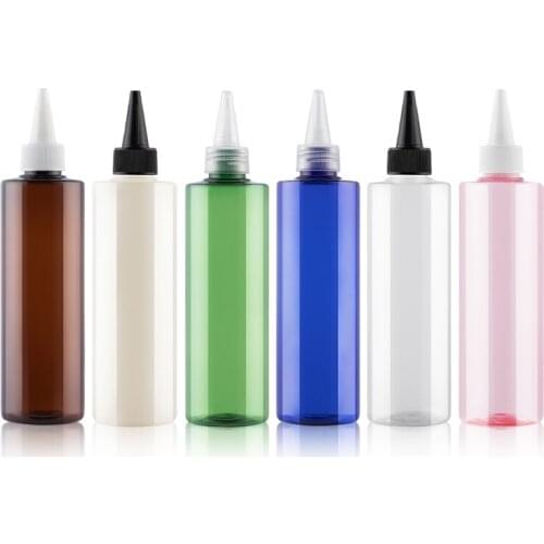 250ml 24pcs/lot empty plastic bottle, clear/brown/blue/green/peal white pet bottle with Twist Top Caps, pointed mouth top cap