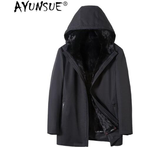 AYUNSUE Mens Parka Real Fur Coat Winter Jacket Hooded Natural Mink Fur Liner Plus Size Mens Mink Coat Overcoat 910-1 KJ3301