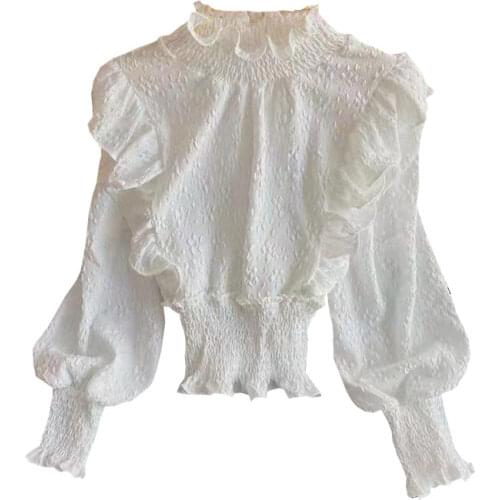 PERHAPS U Women Blouse Shirts Flexible Office Lady Long Lotus Sleeve Ruffle Women Blouses Sexy O-neck pullover Tops B3035