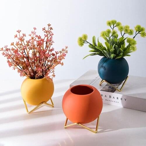 Home Garden Flower Pot With Iron Base Ceramic Flower Pot Desktop Decoration Ornaments Simulation Floral Plant Flower Arrangement