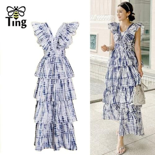Tingfly Korean Fashion Striped Print Ruffles Layered Midi Long Party Dresses Sexy Summer V Neck Largo Chic Vestidos Elegant Robe