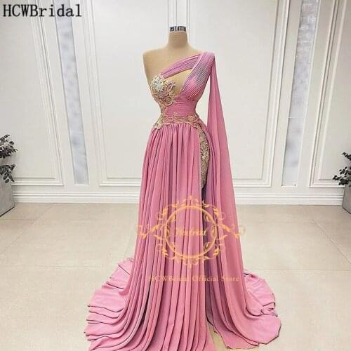 One Shoulder Pink 2021 Evening Dress High Slit See Through Sexy Special Occasion Dresses Long Evening Gowns Custom Made