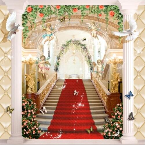 Beibehang Custom wallpaper murals Photo High-end atmosphere Angel Staircase Red carpet Aristocratic columns Entrance porch wall